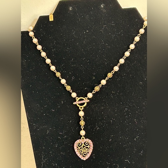 1928 drop statement necklace with simulated pearls and pink rhinestones - Picture 6 of 8